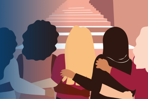 An illustrated graphic of 5 women with their back to viewer with arms around each other