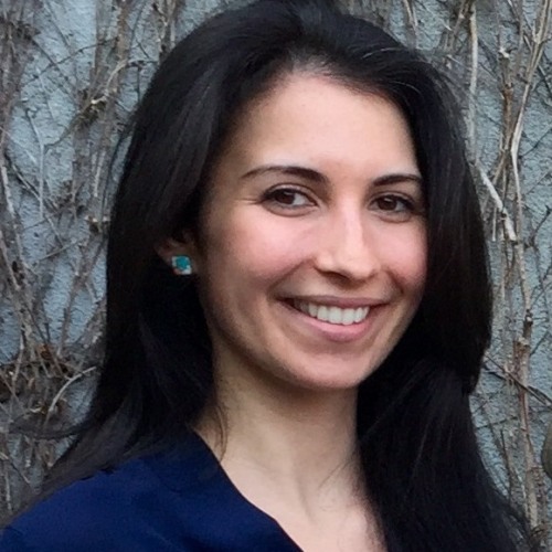 Alyssa Basmajian wearing dark blouse against a great and brown background